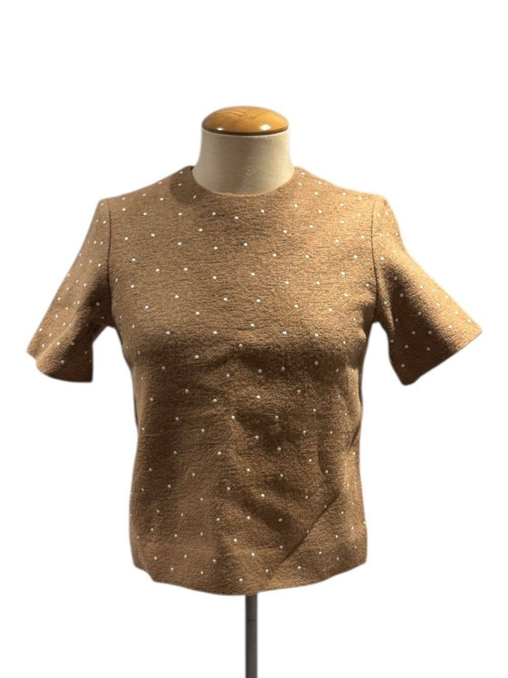 COS tan, white stud embellished short sleeve top - size 2